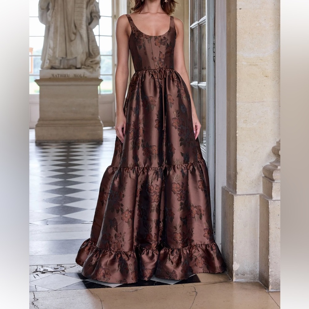 V. Chapman Brown Floral Jacquard Maxi Dress